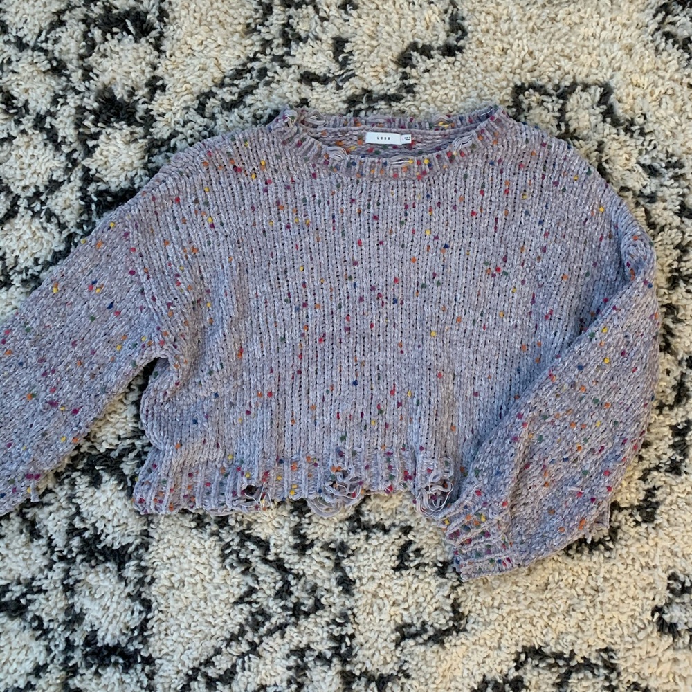 Lush Confetti Cropped Distressed Sweater